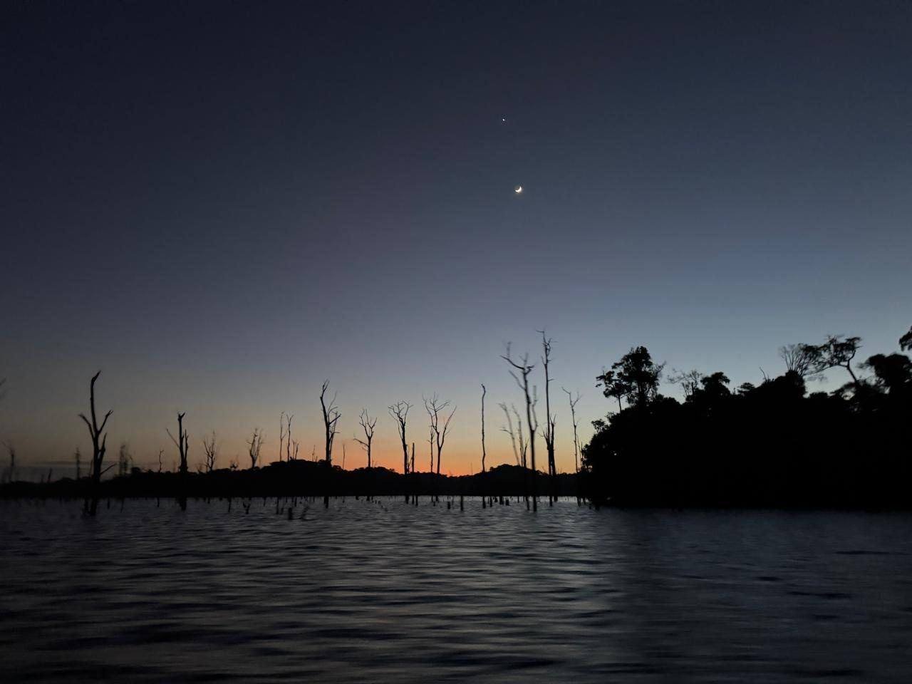 Croissant de lune et Vénus au crépuscule au-dessus du lac de Petit-Saut